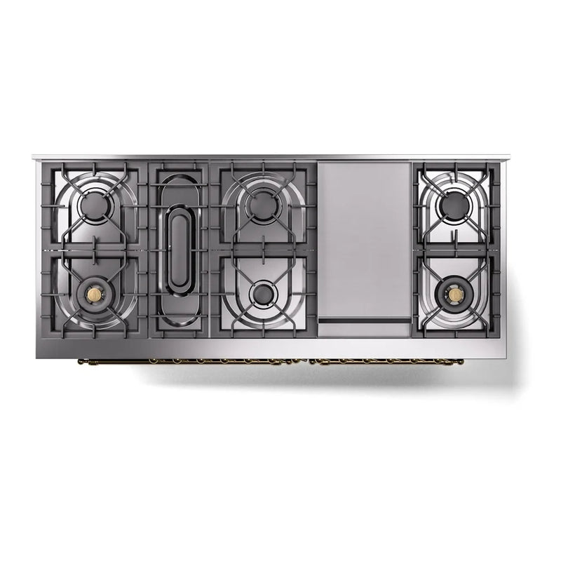 ILVE Nostalgie II 60" Dual Fuel Freestanding Range in Emerald Green with Brass Trim, UP60FNMPEGGLP