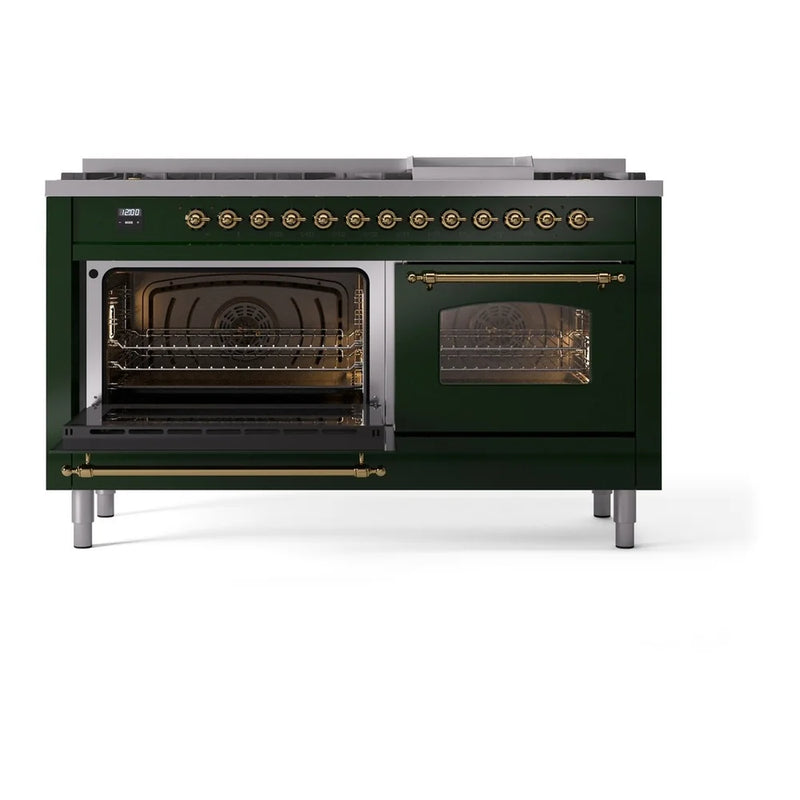 ILVE Nostalgie II 60" Dual Fuel Freestanding Range in Emerald Green with Brass Trim, UP60FNMPEGG