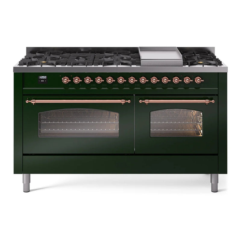 ILVE Nostalgie II 60" Dual Fuel Freestanding Range in Emerald Green with Copper Trim, UP60FNMPEGPLP