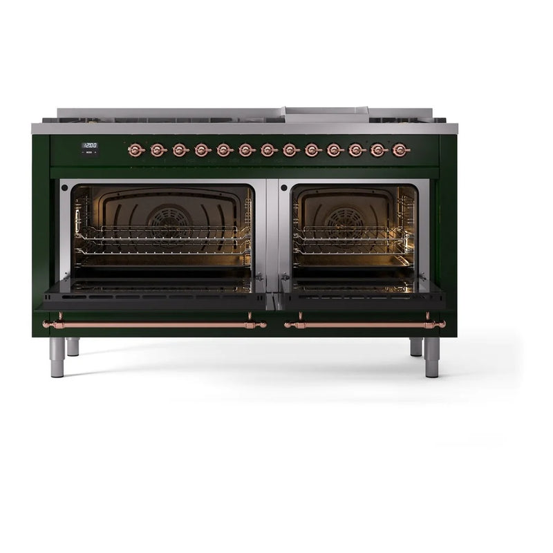 ILVE Nostalgie II 60" Dual Fuel Freestanding Range in Emerald Green with Copper Trim, UP60FNMPEGPLP