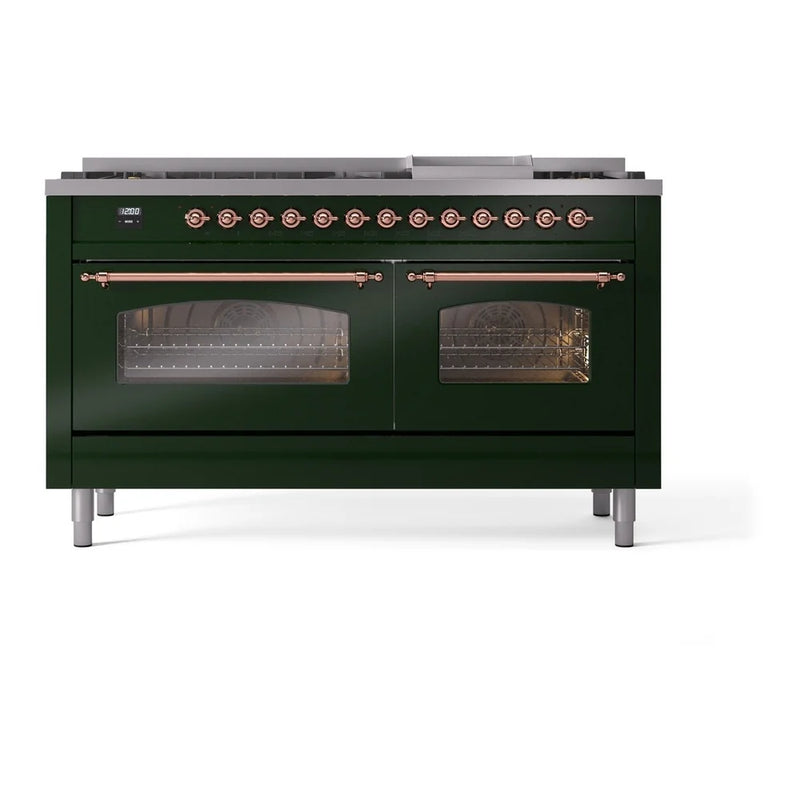 ILVE Nostalgie II 60" Dual Fuel Freestanding Range in Emerald Green with Copper Trim, UP60FNMPEGP