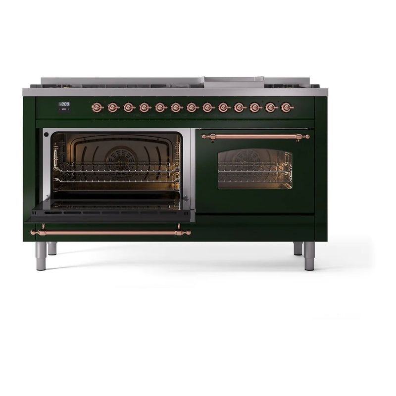 ILVE Nostalgie II 60" Dual Fuel Freestanding Range in Emerald Green with Copper Trim, UP60FNMPEGP