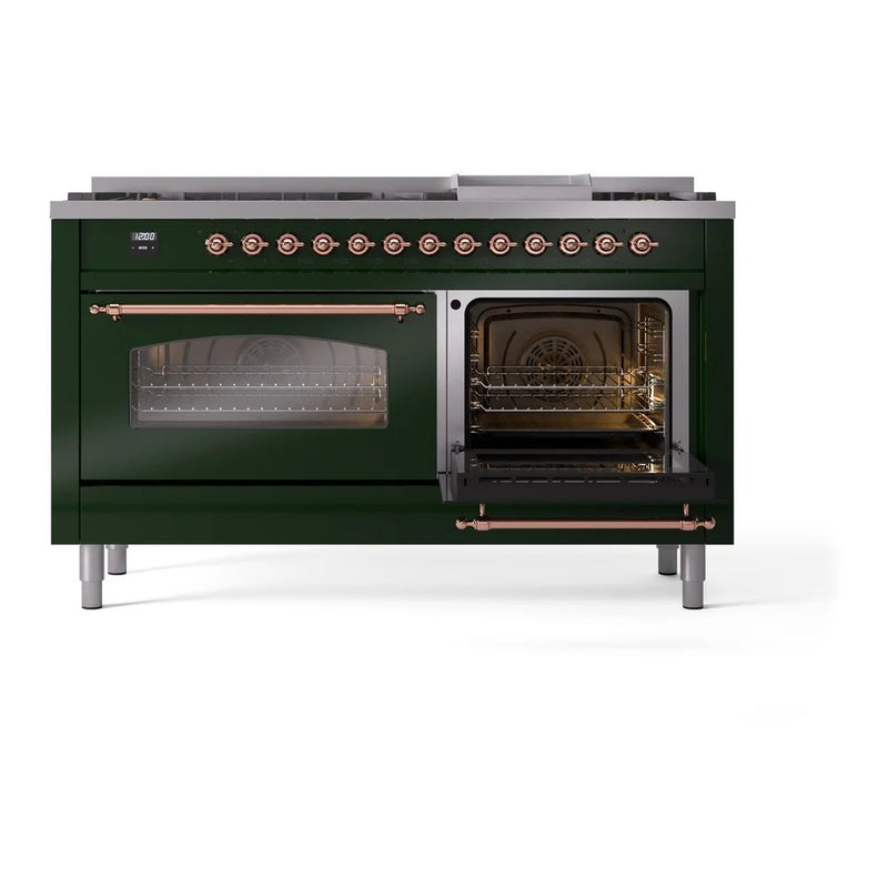 ILVE Nostalgie II 60" Dual Fuel Freestanding Range in Emerald Green with Copper Trim, UP60FNMPEGP