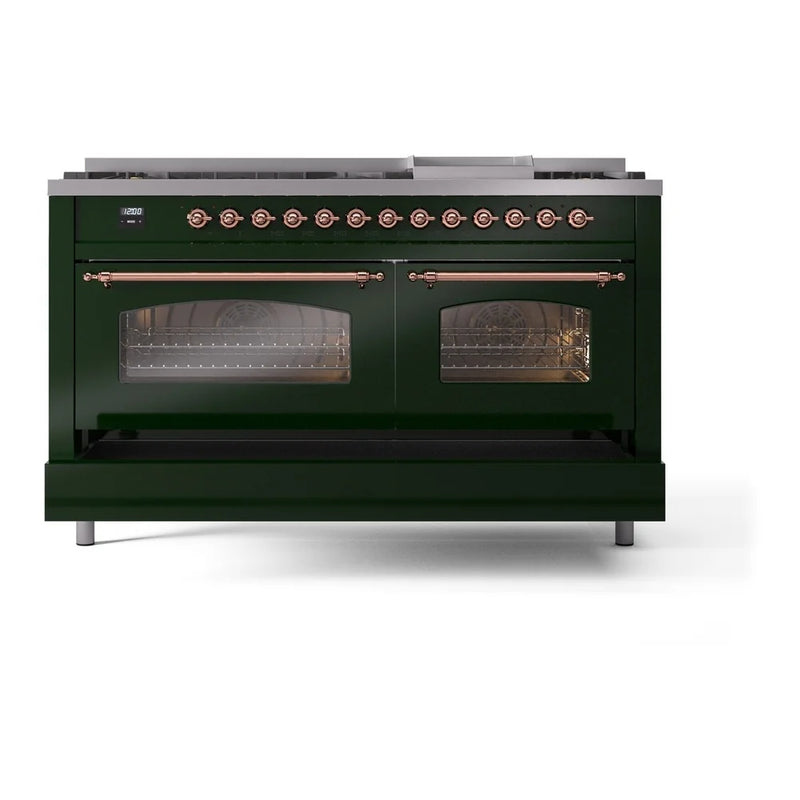 ILVE Nostalgie II 60" Dual Fuel Freestanding Range in Emerald Green with Copper Trim, UP60FNMPEGP