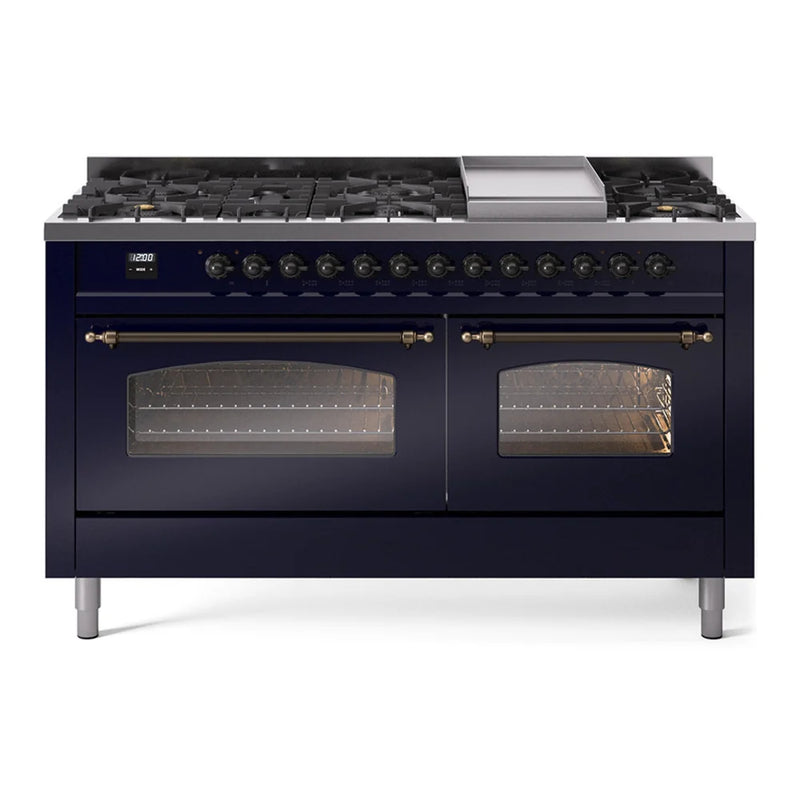 ILVE Nostalgie II 60" Dual Fuel Freestanding Range in Midnight Blue with Burnished Trim, UP60FNMPMBBLP