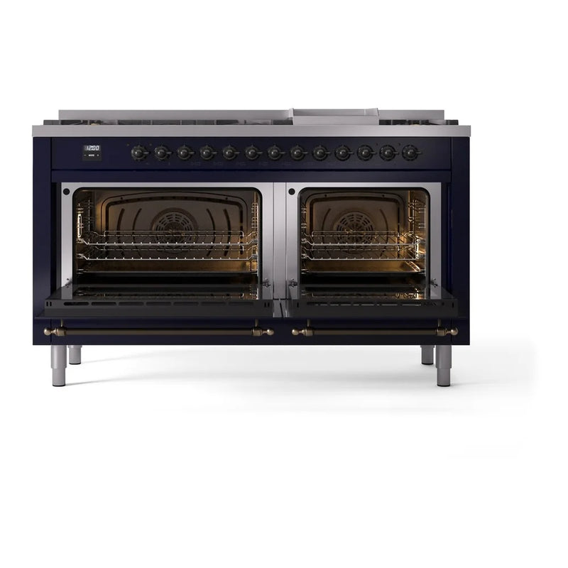 ILVE Nostalgie II 60" Dual Fuel Freestanding Range in Midnight Blue with Burnished Trim, UP60FNMPMBBLP