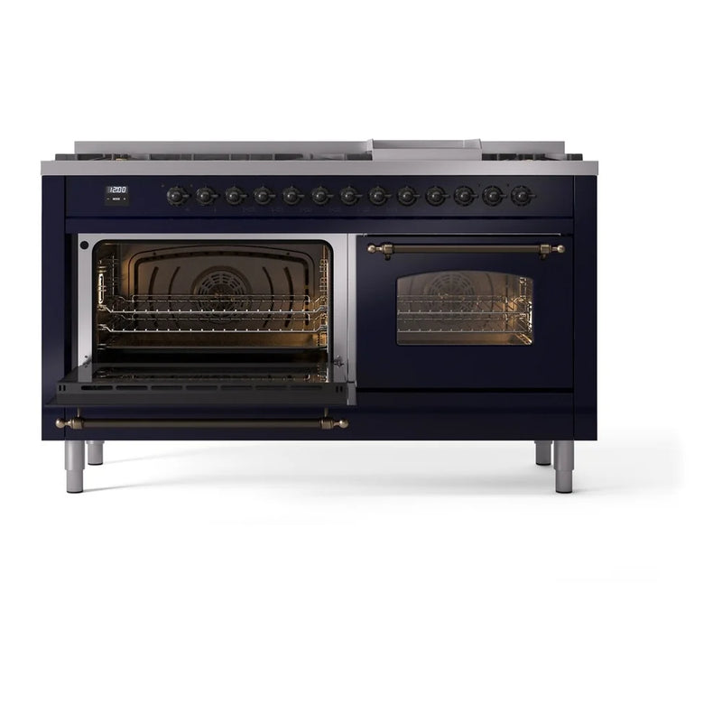 ILVE Nostalgie II 60" Dual Fuel Freestanding Range in Midnight Blue with Burnished Trim, UP60FNMPMBBLP
