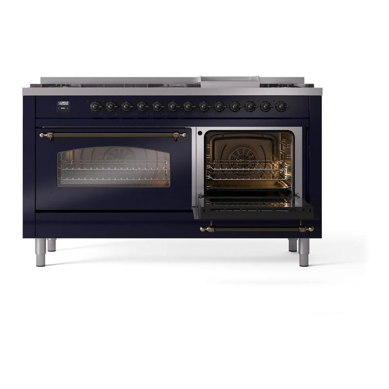 ILVE Nostalgie II 60" Dual Fuel Freestanding Range in Midnight Blue with Burnished Trim, UP60FNMPMBBLP