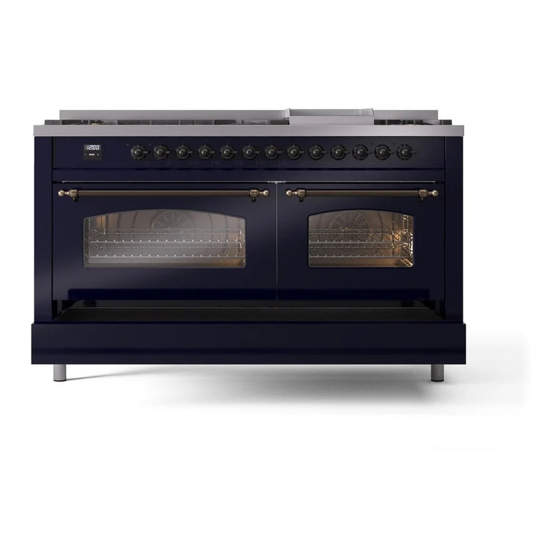 ILVE Nostalgie II 60" Dual Fuel Freestanding Range in Midnight Blue with Burnished Trim, UP60FNMPMBB