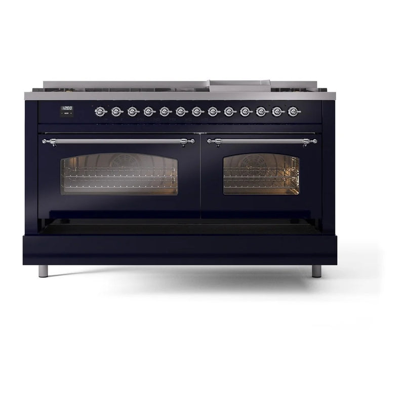 ILVE Nostalgie II 60" Dual Fuel Freestanding Range in Midnight Blue with Chrome Trim, UP60FNMPMBCLP