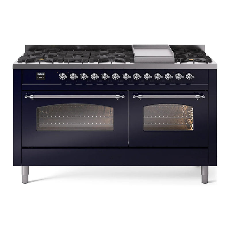 ILVE Nostalgie II 60" Dual Fuel Freestanding Range in Midnight Blue with Chrome Trim, UP60FNMPMBC