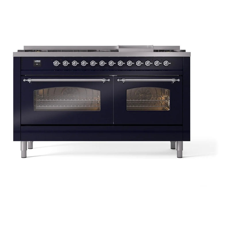 ILVE Nostalgie II 60" Dual Fuel Freestanding Range in Midnight Blue with Chrome Trim, UP60FNMPMBC