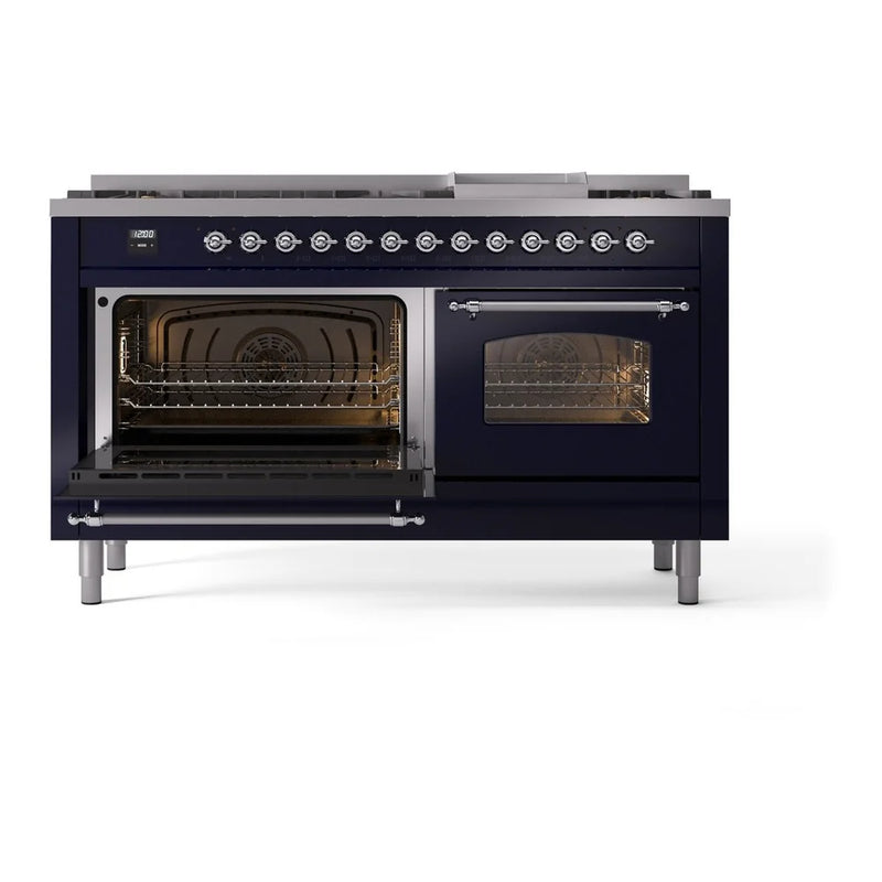 ILVE Nostalgie II 60" Dual Fuel Freestanding Range in Midnight Blue with Chrome Trim, UP60FNMPMBC
