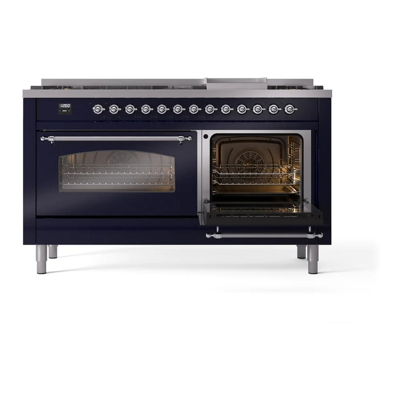 ILVE Nostalgie II 60" Dual Fuel Freestanding Range in Midnight Blue with Chrome Trim, UP60FNMPMBC