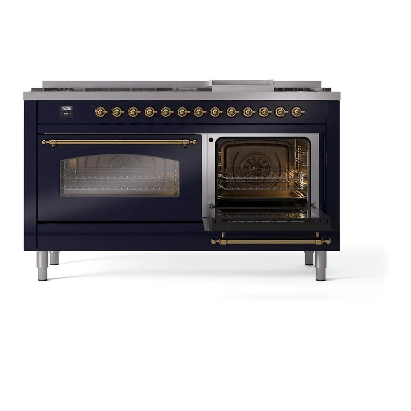 ILVE Nostalgie II 60" Dual Fuel Freestanding Range in Midnight Blue with Brass Trim, UP60FNMPMBGLP