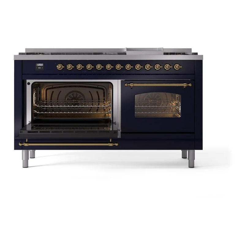 ILVE Nostalgie II 60" Dual Fuel Freestanding Range in Midnight Blue with Brass Trim, UP60FNMPMBG