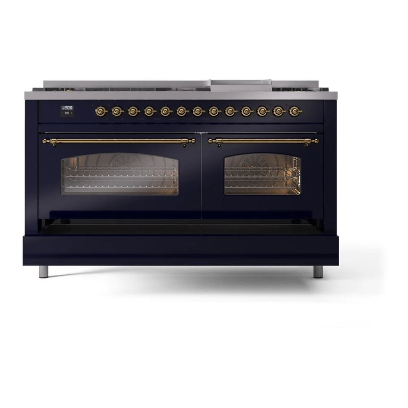 ILVE Nostalgie II 60" Dual Fuel Freestanding Range in Midnight Blue with Brass Trim, UP60FNMPMBG