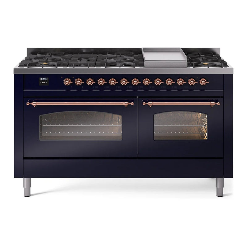 ILVE Nostalgie II 60" Dual Fuel Freestanding Range in Midnight Blue with Copper Trim, UP60FNMPMBPLP