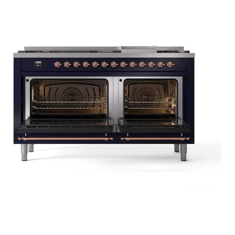 ILVE Nostalgie II 60" Dual Fuel Freestanding Range in Midnight Blue with Copper Trim, UP60FNMPMBPLP