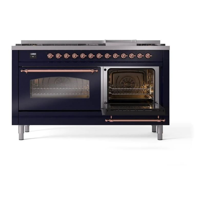ILVE Nostalgie II 60" Dual Fuel Freestanding Range in Midnight Blue with Copper Trim, UP60FNMPMBPLP