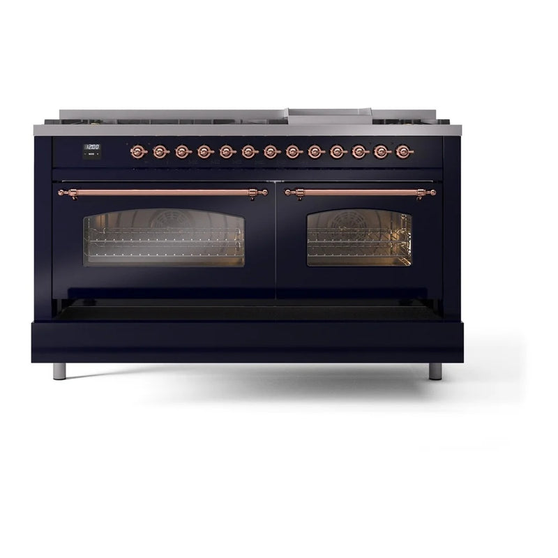 ILVE Nostalgie II 60" Dual Fuel Freestanding Range in Midnight Blue with Copper Trim, UP60FNMPMBPLP