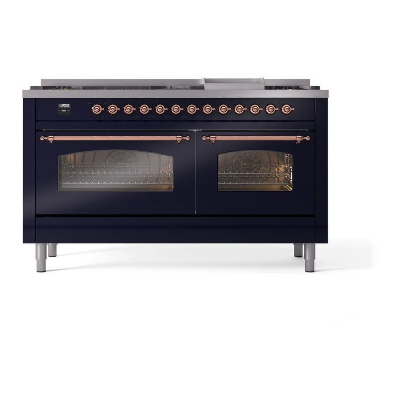 ILVE Nostalgie II 60" Dual Fuel Freestanding Range in Midnight Blue with Copper Trim, UP60FNMPMBP