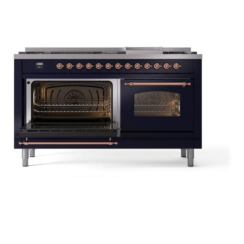 ILVE Nostalgie II 60" Dual Fuel Freestanding Range in Midnight Blue with Copper Trim, UP60FNMPMBP