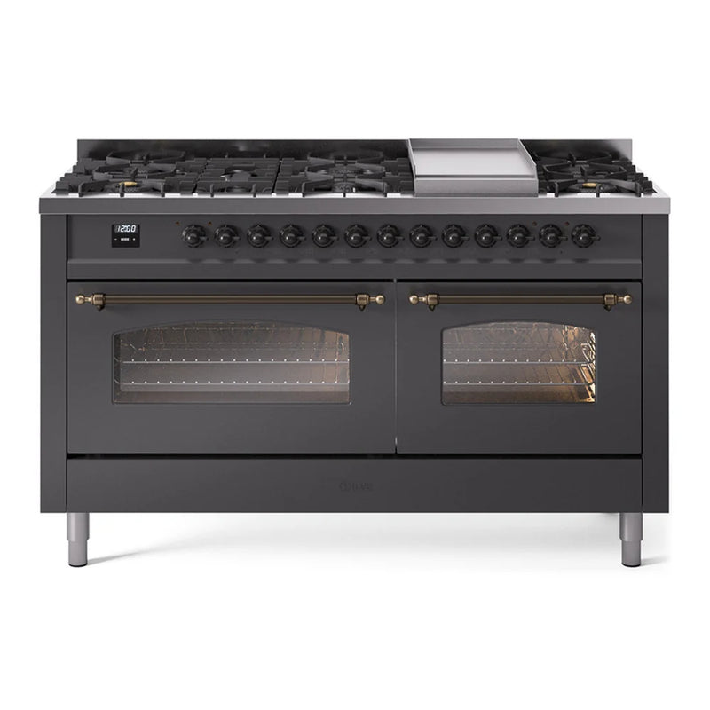 ILVE Nostalgie II 60" Dual Fuel Freestanding Range in Graphite Matte with Burnished Trim, UP60FNMPMGBLP