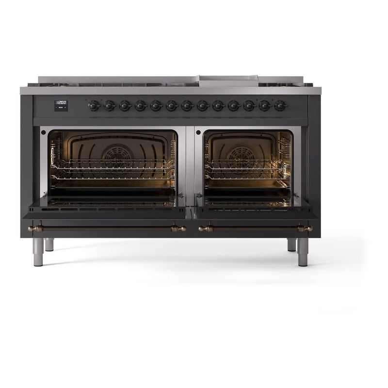 ILVE Nostalgie II 60" Dual Fuel Freestanding Range in Graphite Matte with Burnished Trim, UP60FNMPMGBLP