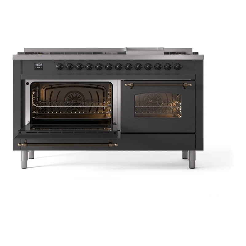 ILVE Nostalgie II 60" Dual Fuel Freestanding Range in Graphite Matte with Burnished Trim, UP60FNMPMGBLP