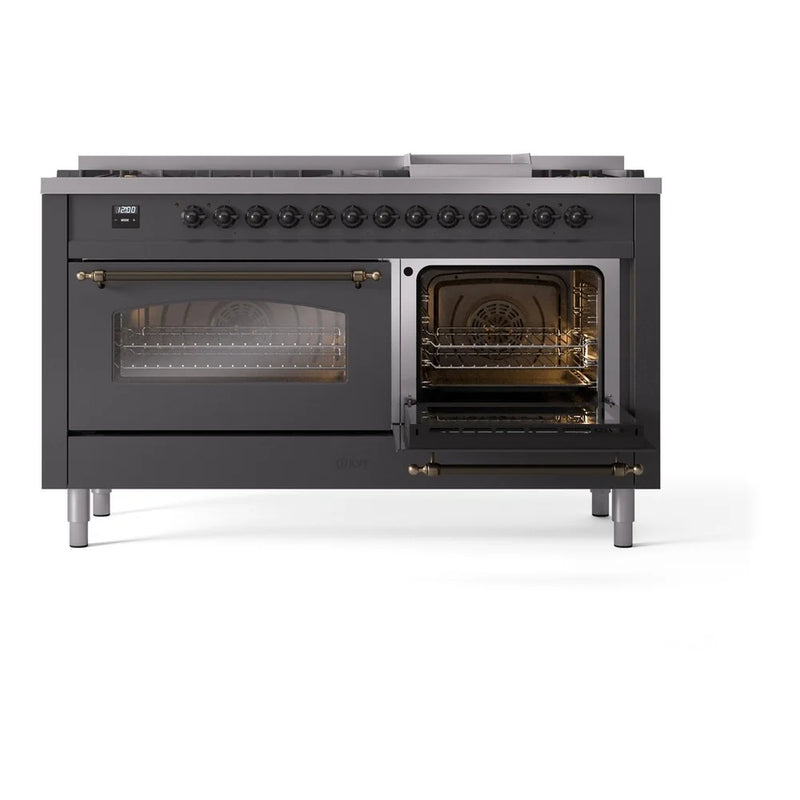 ILVE Nostalgie II 60" Dual Fuel Freestanding Range in Graphite Matte with Burnished Trim, UP60FNMPMGBLP