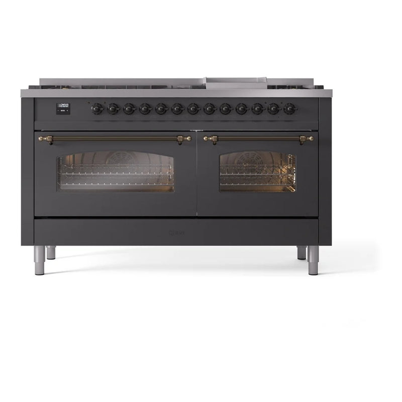ILVE Nostalgie II 60" Dual Fuel Freestanding Range in Graphite Matte with Burnished Trim, UP60FNMPMGB