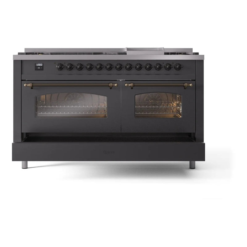 ILVE Nostalgie II 60" Dual Fuel Freestanding Range in Graphite Matte with Burnished Trim, UP60FNMPMGB