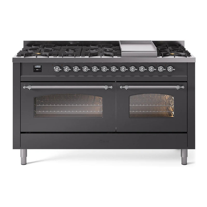 ILVE Nostalgie II 60" Dual Fuel Freestanding Range in Graphite Matte with Chrome Trim, UP60FNMPMGCLP