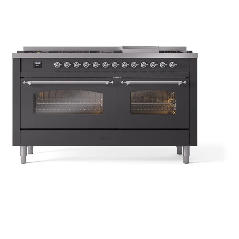 ILVE Nostalgie II 60" Dual Fuel Freestanding Range in Graphite Matte with Chrome Trim, UP60FNMPMGC