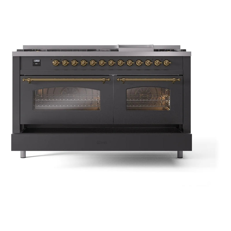 ILVE Nostalgie II 60" Dual Fuel Freestanding Range in Graphite Matte with Brass Trim, UP60FNMPMGGLP