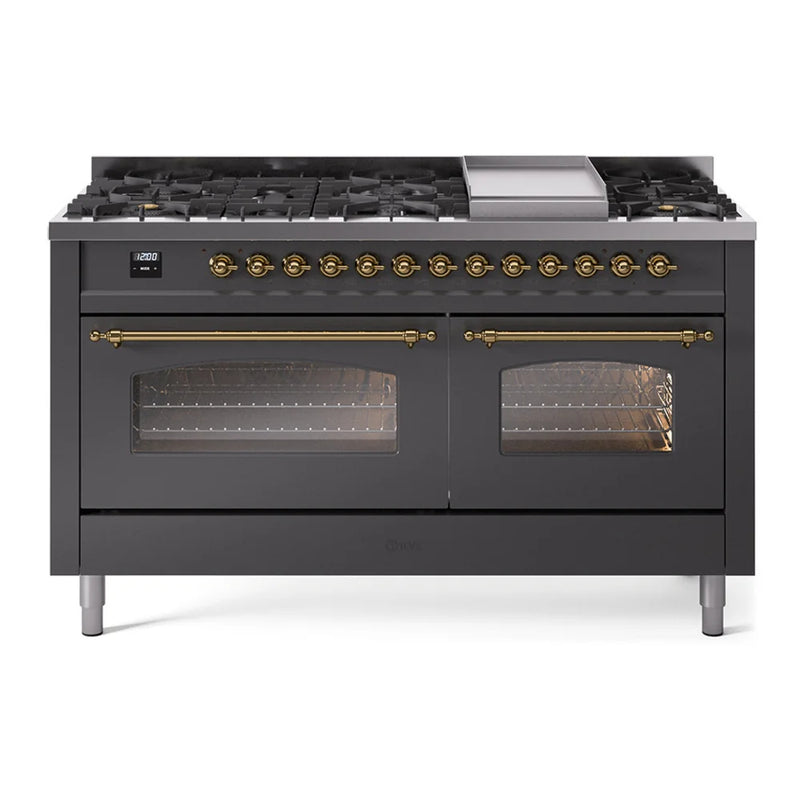 ILVE Nostalgie II 60" Dual Fuel Freestanding Range in Graphite Matte with Brass Trim, UP60FNMPMGG