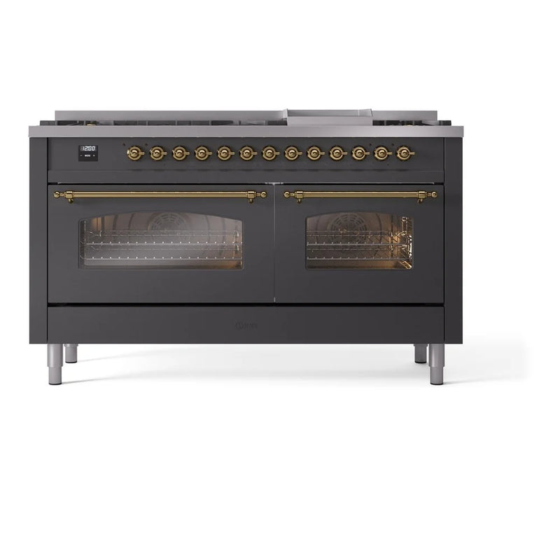 ILVE Nostalgie II 60" Dual Fuel Freestanding Range in Graphite Matte with Brass Trim, UP60FNMPMGG