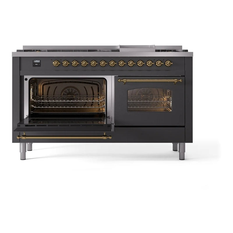 ILVE Nostalgie II 60" Dual Fuel Freestanding Range in Graphite Matte with Brass Trim, UP60FNMPMGG