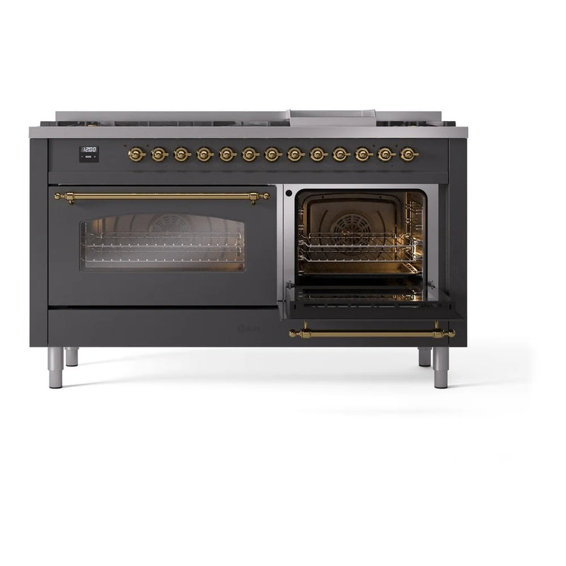ILVE Nostalgie II 60" Dual Fuel Freestanding Range in Graphite Matte with Brass Trim, UP60FNMPMGG