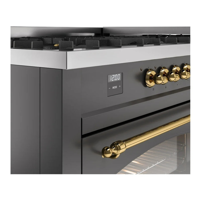 ILVE Nostalgie II 60" Dual Fuel Freestanding Range in Graphite Matte with Brass Trim, UP60FNMPMGG