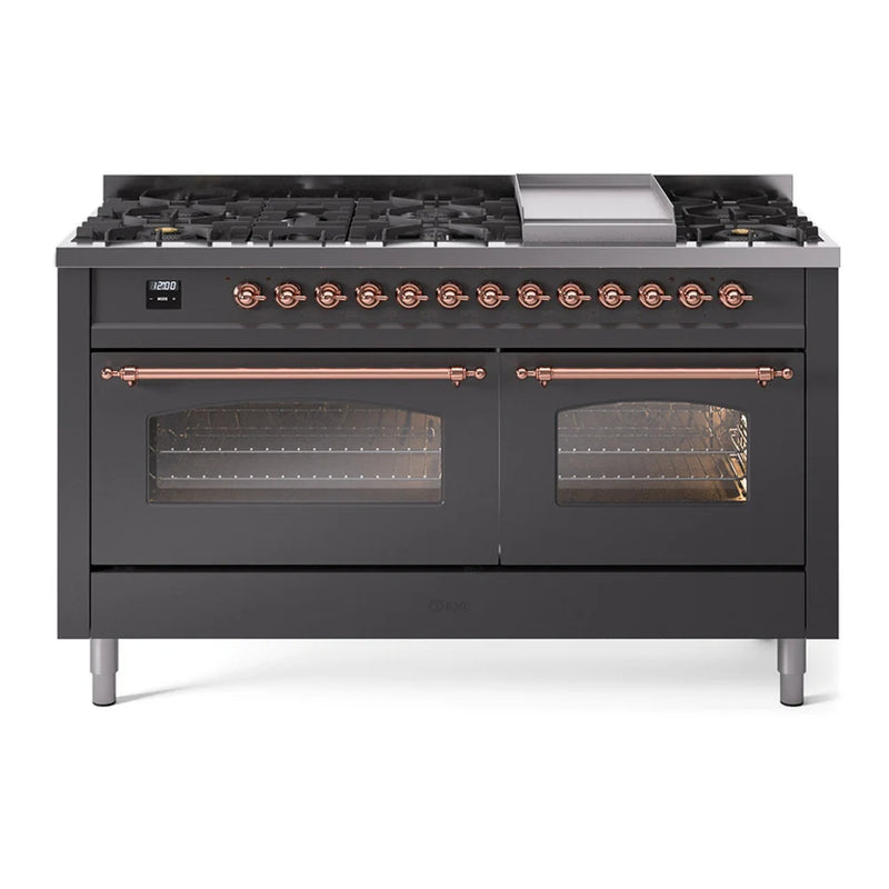 ILVE Nostalgie II 60" Dual Fuel Freestanding Range in Graphite Matte with Copper Trim, UP60FNMPMGP