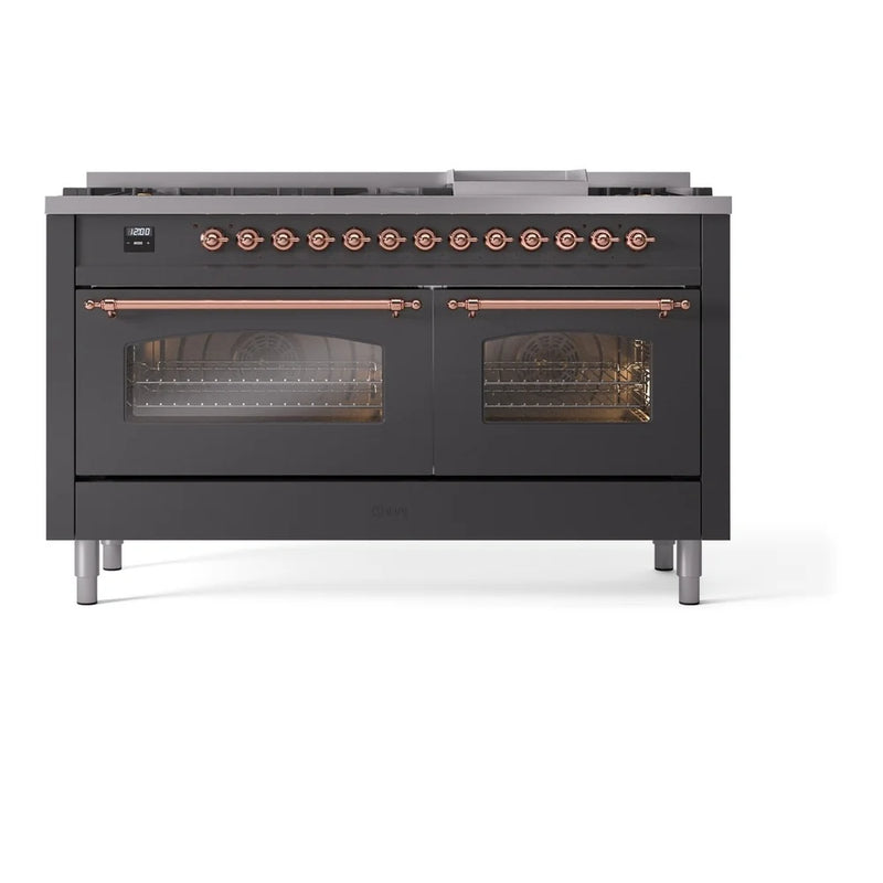 ILVE Nostalgie II 60" Dual Fuel Freestanding Range in Graphite Matte with Copper Trim, UP60FNMPMGP