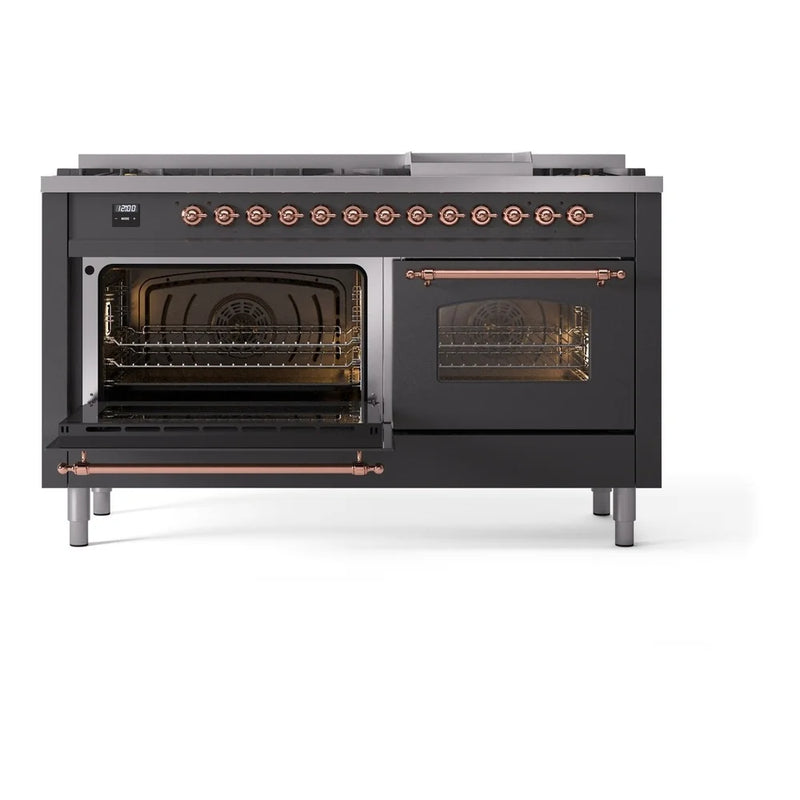 ILVE Nostalgie II 60" Dual Fuel Freestanding Range in Graphite Matte with Copper Trim, UP60FNMPMGP