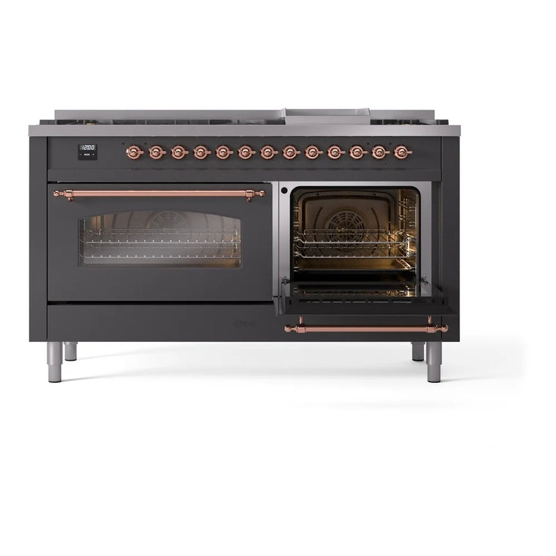 ILVE Nostalgie II 60" Dual Fuel Freestanding Range in Graphite Matte with Copper Trim, UP60FNMPMGP