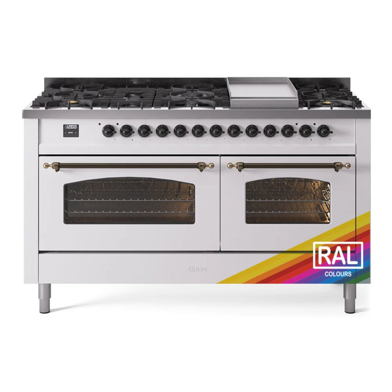 ILVE Nostalgie II 60" Dual Fuel Freestanding Range in RAL Color with Burnished Trim, UP60FNMPRABLP