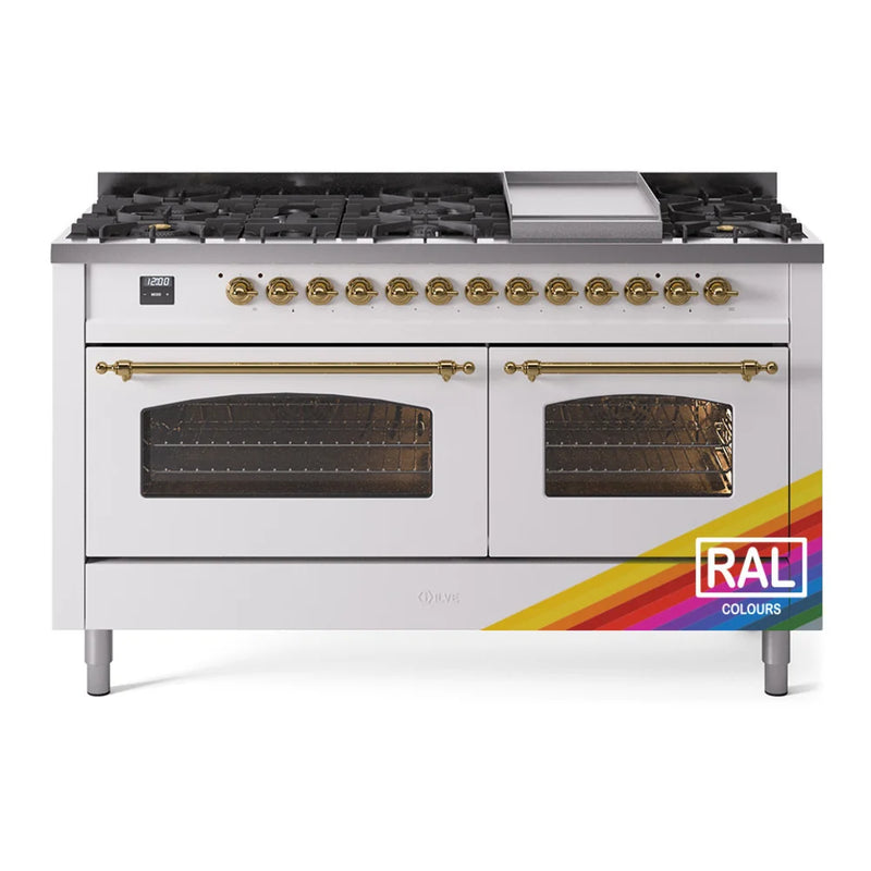 ILVE Nostalgie II 60" Dual Fuel Freestanding Range in RAL Color with Brass Trim, UP60FNMPRAG
