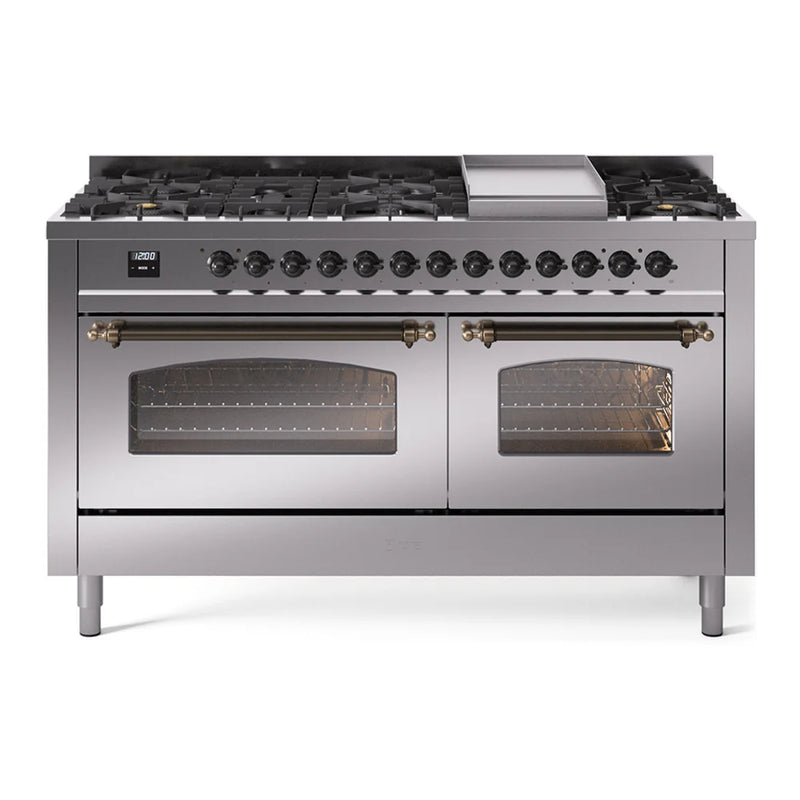 ILVE Nostalgie II 60" Dual Fuel Freestanding Range in Stainless Steel with Burnished Trim, UP60FNMPSSBLP