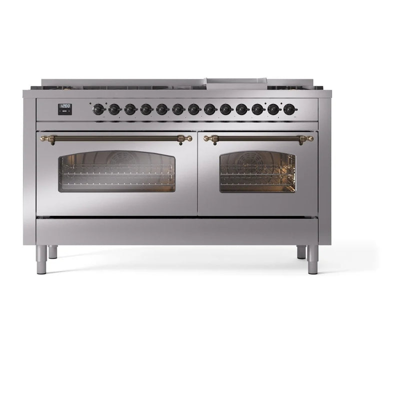 ILVE Nostalgie II 60" Dual Fuel Freestanding Range in Stainless Steel with Burnished Trim, UP60FNMPSSBLP