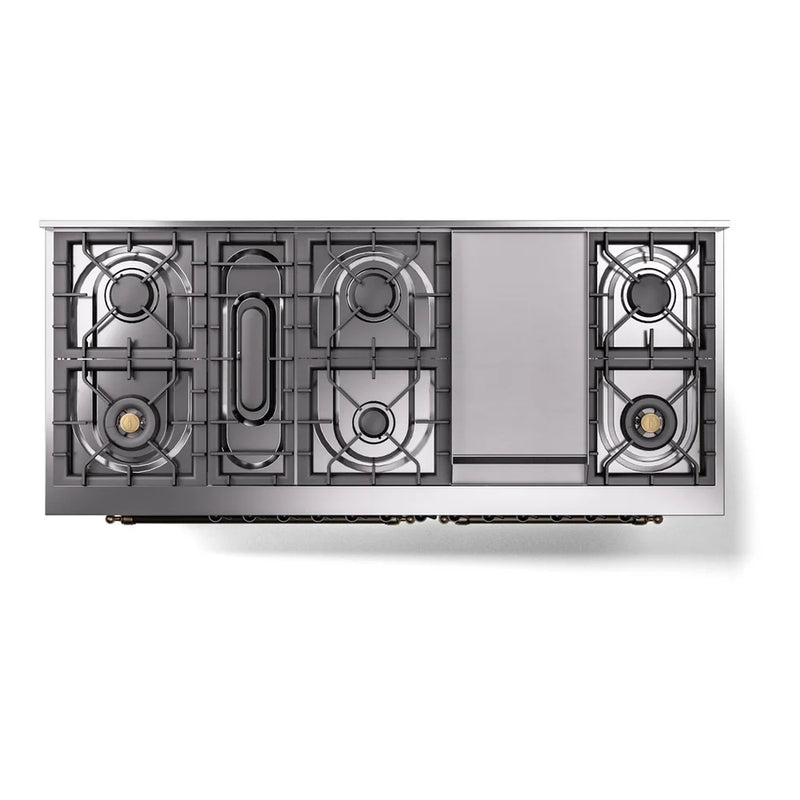 ILVE Nostalgie II 60" Dual Fuel Freestanding Range in Stainless Steel with Burnished Trim, UP60FNMPSSBLP